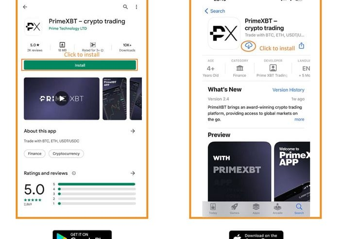 PrimeXBT en App Store y Google Play Mercado