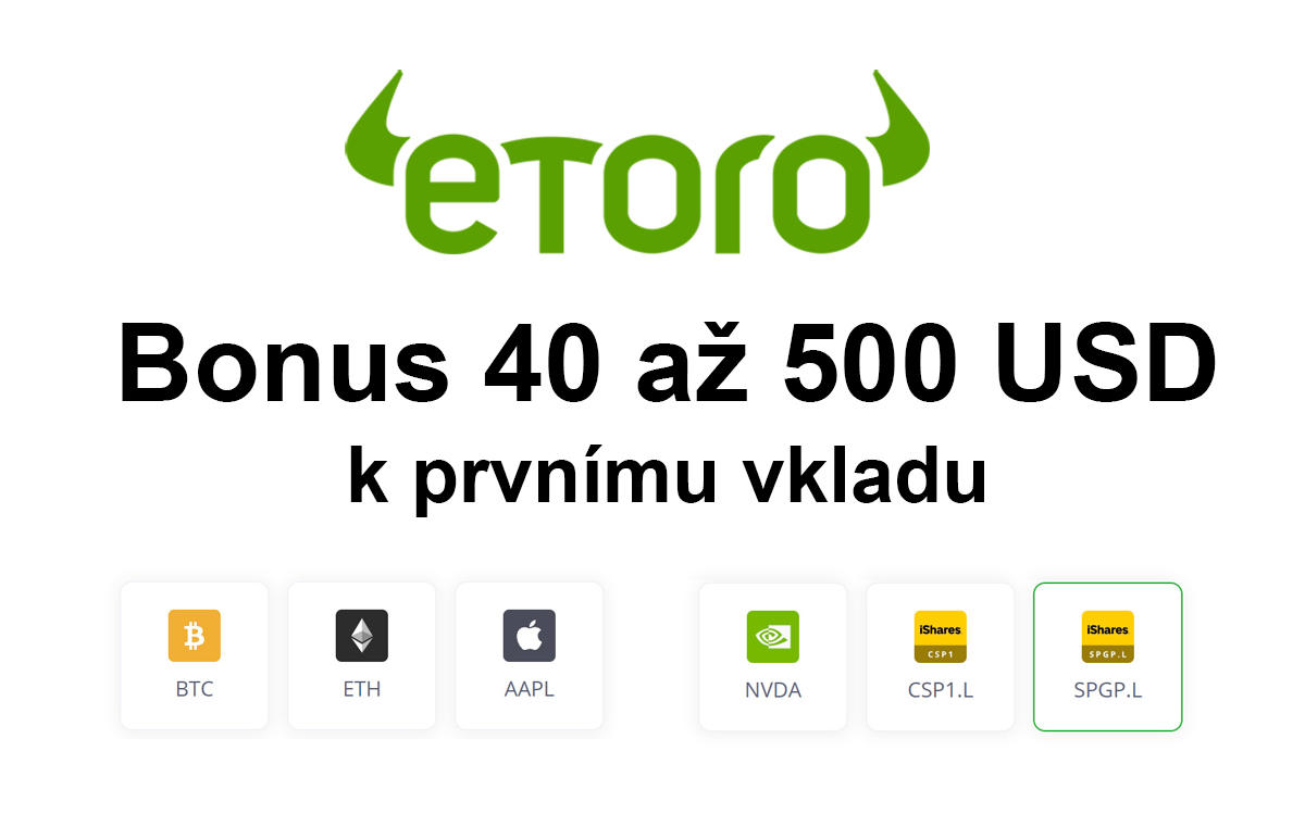 Akcie i kryptoměny zdarma – eToro bonus 40 až 500 USD