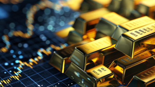 Gold bullion bars stacked on a stock market chart, symbolizing financial success, wealth, investment, precious metals, and economic growth.