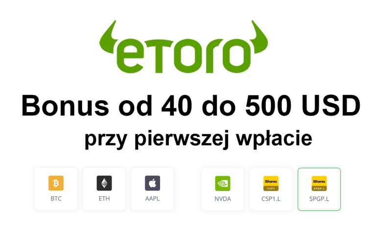 Akcja i kryptowaluta darmowa — bonus eToro 40–500 USD