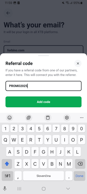 adding the referral code to the XTB platform
