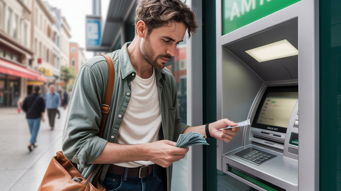 un homme retire de l’argent changé à un distributeur