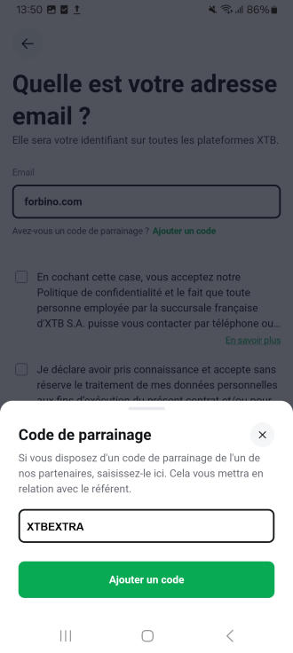 saisie du code de parrainage