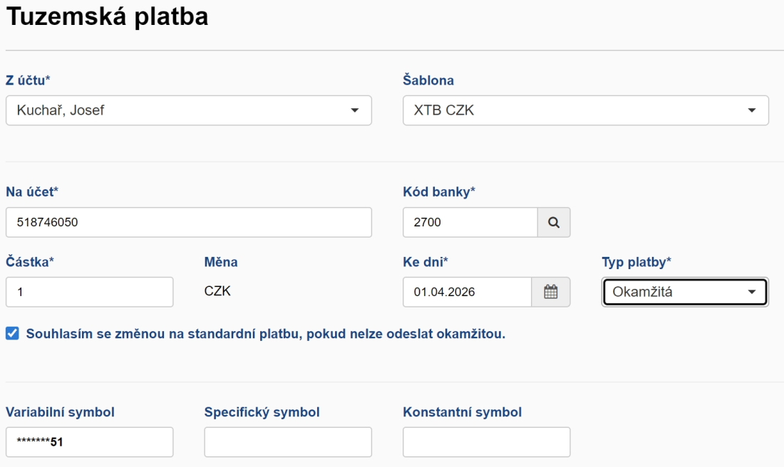 okamžitá platba z fio banky do XTB