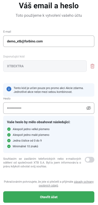 XTB demo účet - registrace