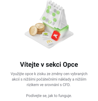 XTB - úvodní obrazovka sekce Opce v mobilní aplikaci