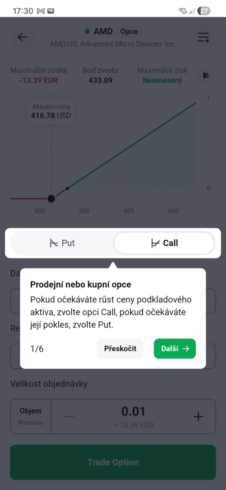 Přepínač Put a Call v aplikaci XTB