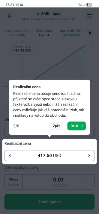 Nastavení realizační ceny strike u opce v XTB