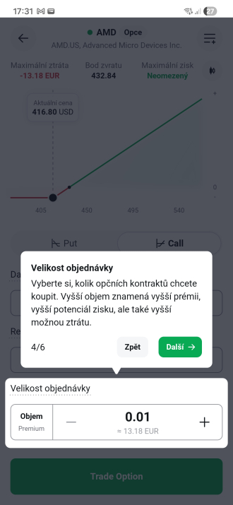 Velikost objednávky a prémie u opce v XTB