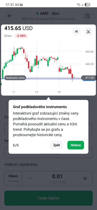 Graf podkladového instrumentu - historický vývoj ceny AMD v XTB