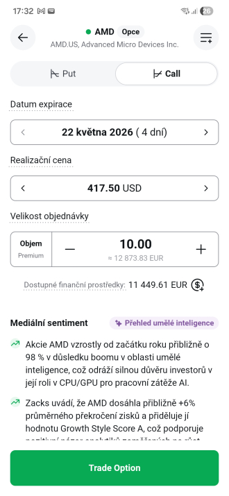 Mediální sentiment a AI přehled v aplikaci XTB