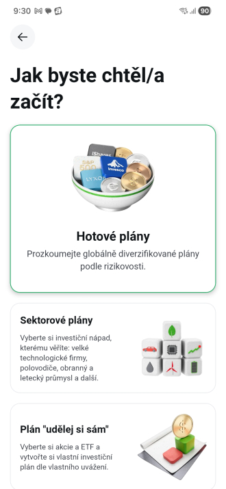 Výběr typu investičního plánu v aplikaci XTB