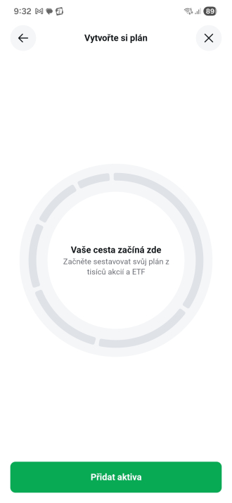 Prázdný investiční plán XTB před přidáním aktiv
