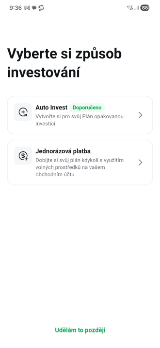 Výběr mezi Auto Invest a jednorázovou platbou v aplikaci XTB