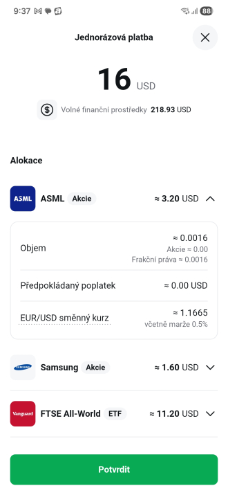 Detail objemu, poplatku a směnného kurzu u jednorázové platby v plánu XTB