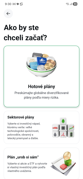 Výběr typu investičního plánu v aplikaci XTB