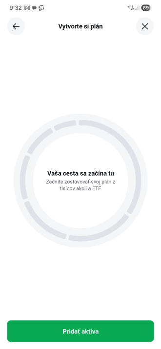 Prázdný investiční plán XTB před přidáním aktiv