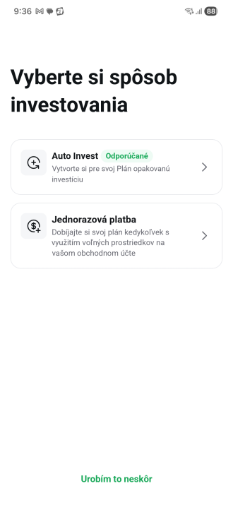 Výběr mezi Auto Invest a jednorázovou platbou v aplikaci XTB