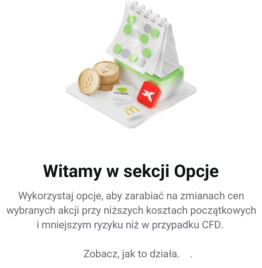 XTB - úvodní obrazovka sekce Opce v mobilní aplikaci