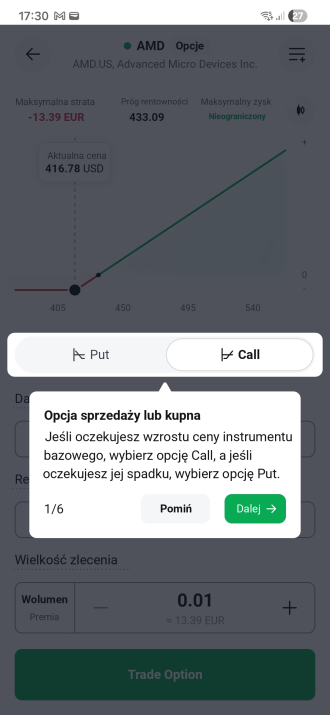 Přepínač Put a Call v aplikaci XTB