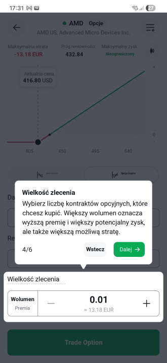 Velikost objednávky a prémie u opce v XTB