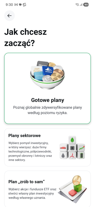 Výběr typu investičního plánu v aplikaci XTB