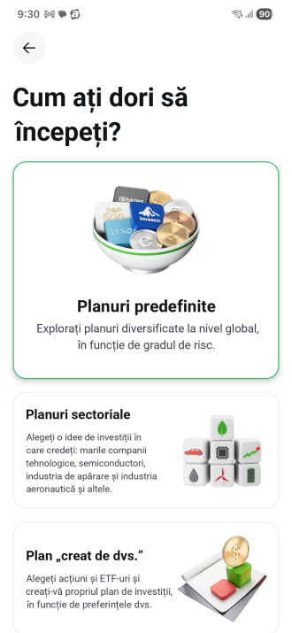 Výběr typu investičního plánu v aplikaci XTB