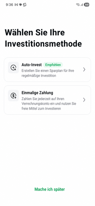 Výběr mezi Auto Invest a jednorázovou platbou v aplikaci XTB