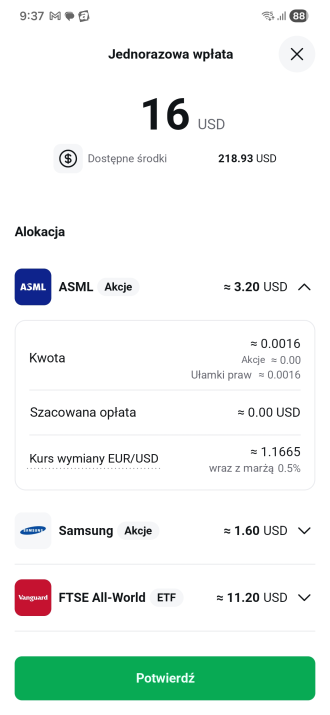 Detail objemu, poplatku a směnného kurzu u jednorázové platby v plánu XTB