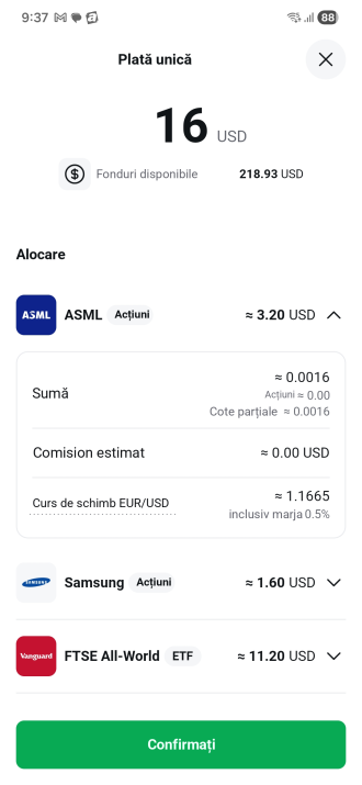 Detail objemu, poplatku a směnného kurzu u jednorázové platby v plánu XTB