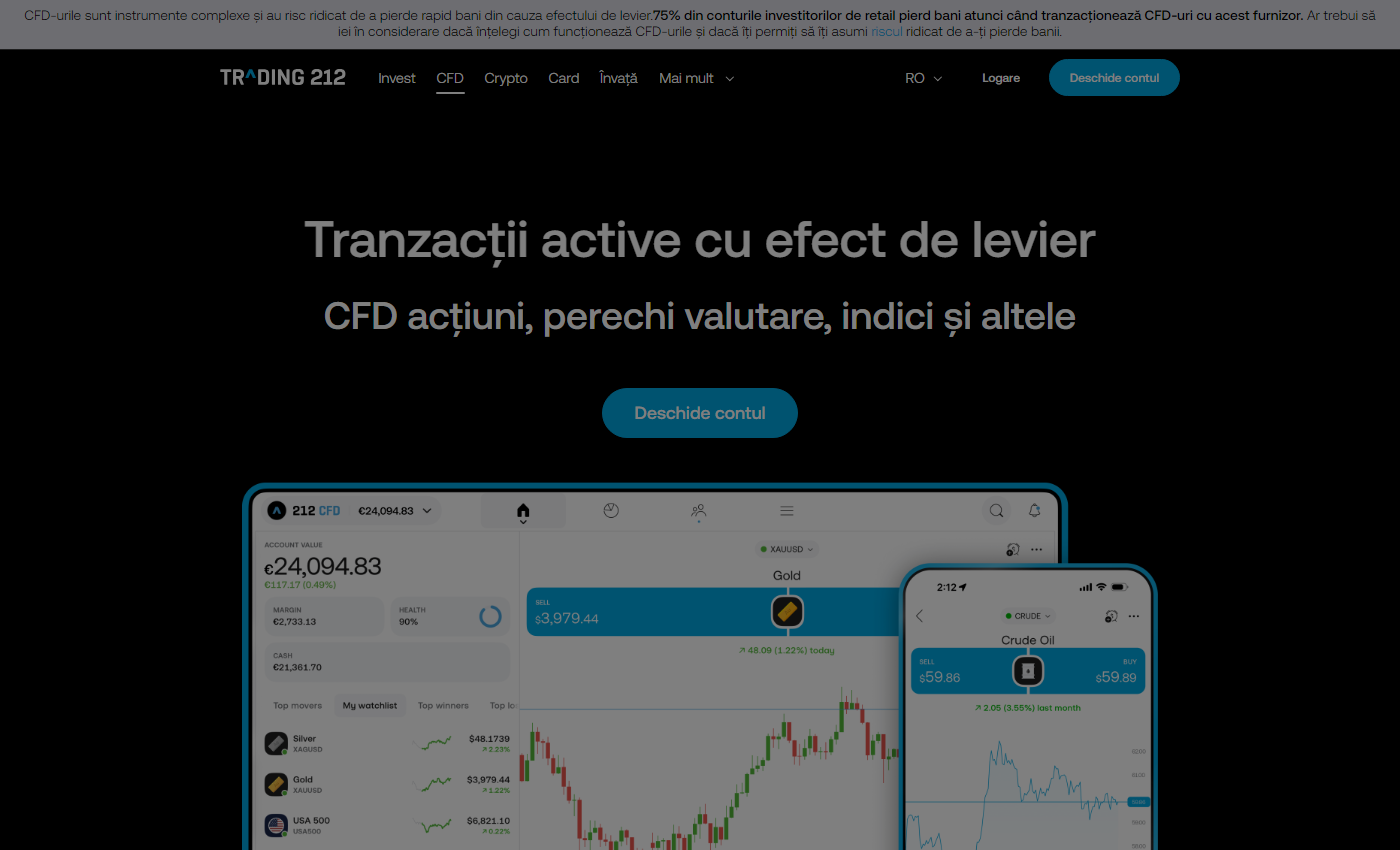 Pagina de CFD-uri Trading 212 cu avertismentul privind riscul