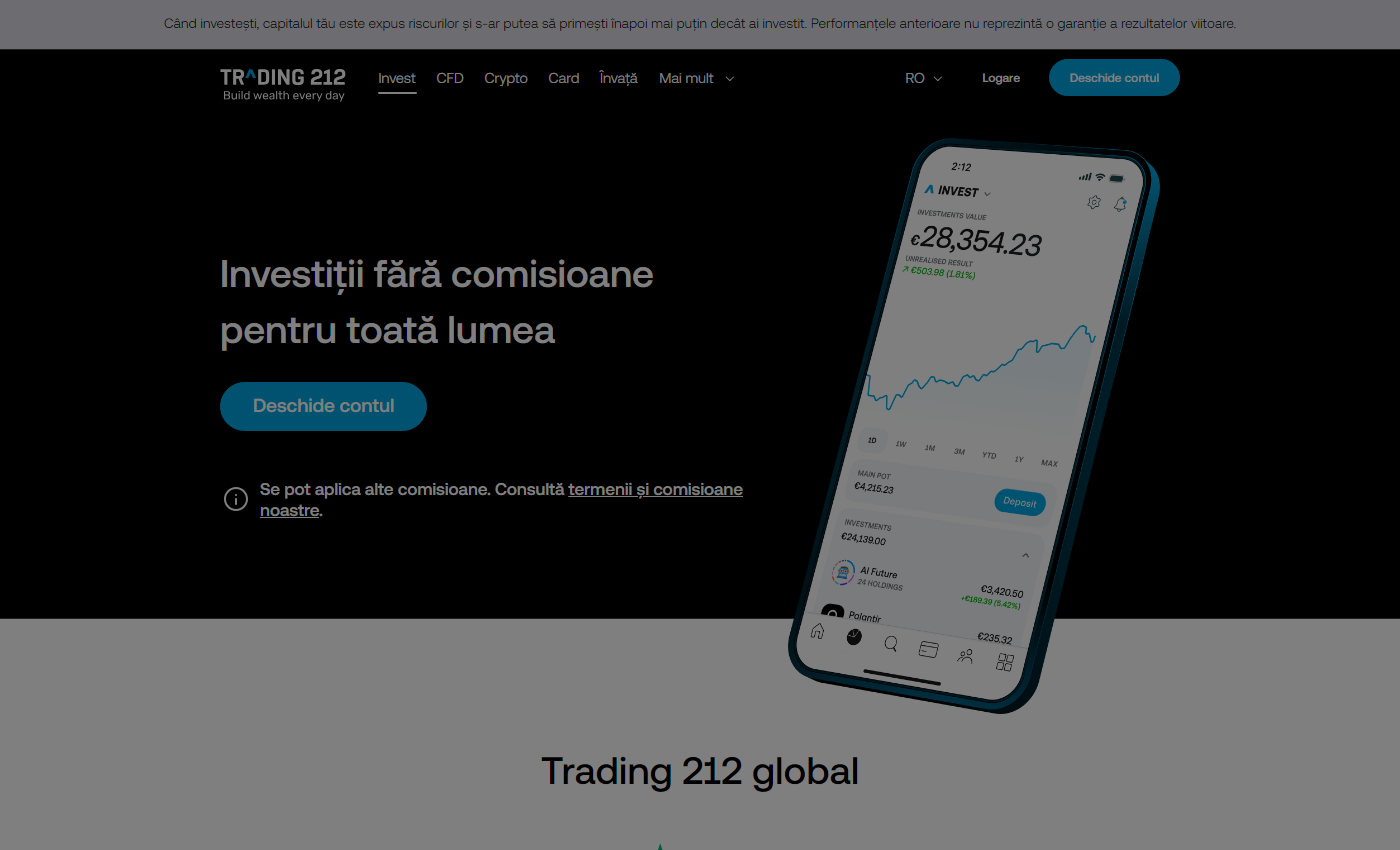 Pagina principală Trading 212 în limba română