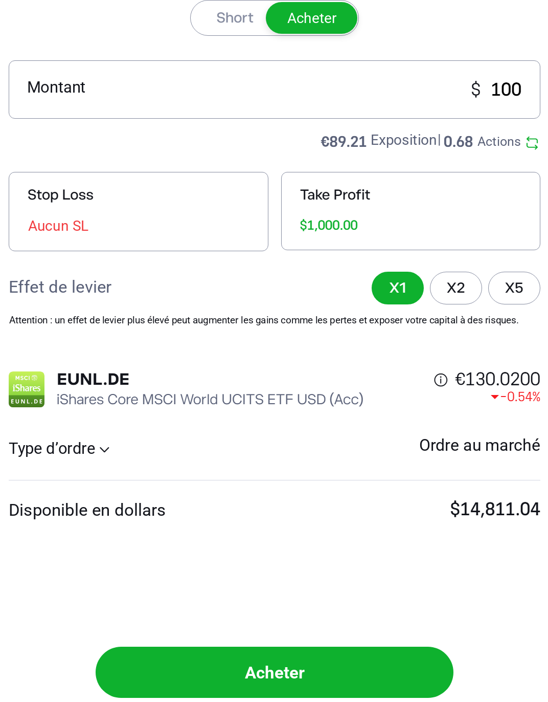 Ordre sur l'iShares Core MSCI World UCITS ETF USD (Acc) avec le ticker EUNL.DE chez le courtier eToro