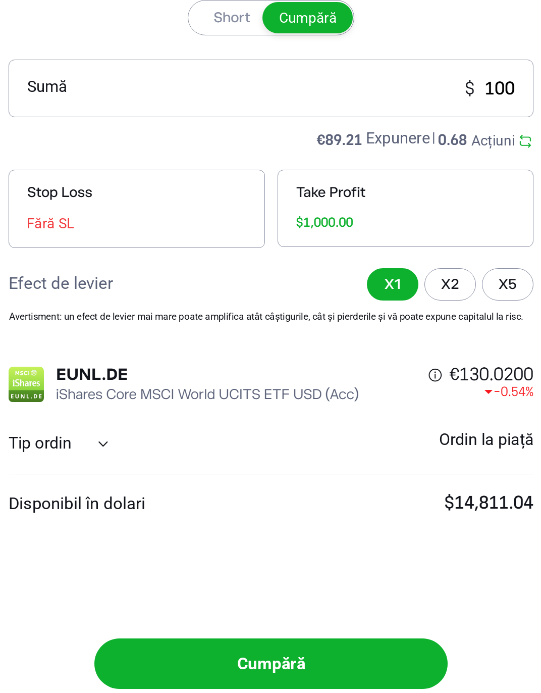 Ordin pentru iShares Core MSCI World UCITS ETF&nbsp;USD (Acc) cu tickerul EUNL.DE la brokerul eToro